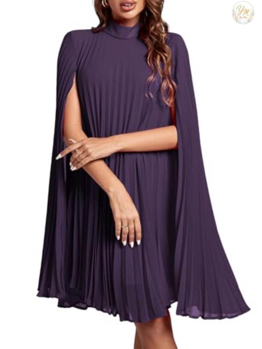 Women's Cloak Sleeve Mock Neck Pleated Midi Dress Party Cocktail